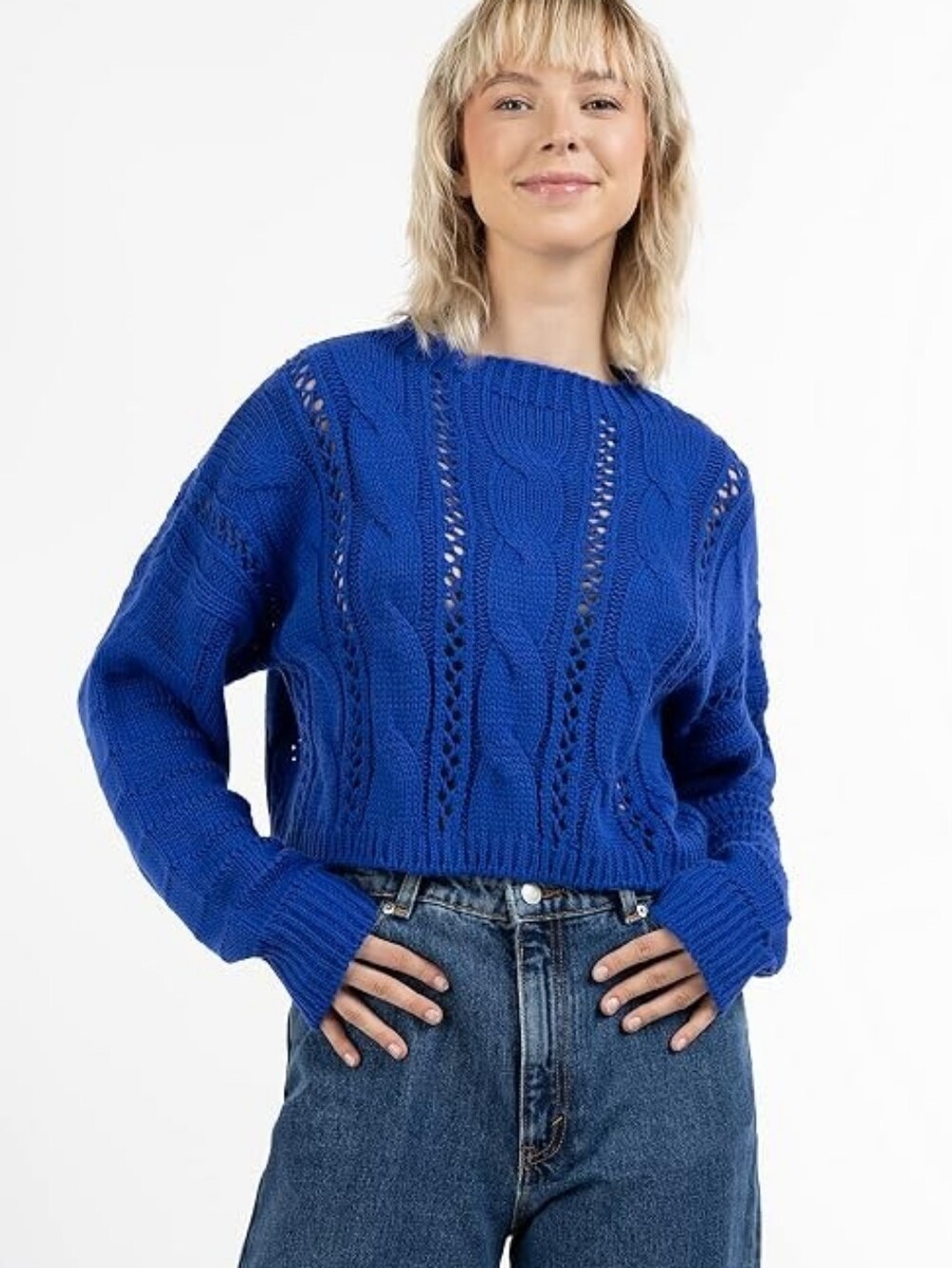 ABERCROMBIE Crop Cable Sweater Jumper Blue Bright Open Knit Small